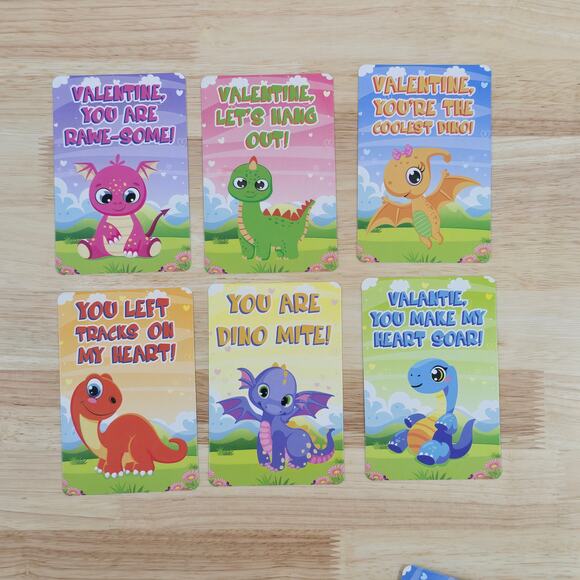 24 Children's' Dinosaur Valentine's Day Cards Classroom Party Favors, 6 Designs - Picture 1 of 3